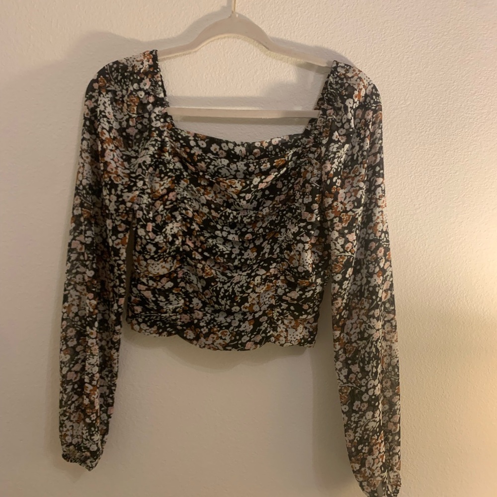 Lulu's Black Floral Long Sleeve Blouse